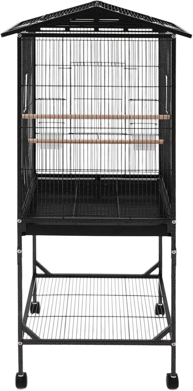 Large Bird Cage, Movable Pet Bird Flight Cages with Wheels 4 Feed Windows Slide-Out Tray, Panorama Bird Aviary 18.11x18.11x49.21in for Parrot, Parakeets, Budgerigars(Black Style1)