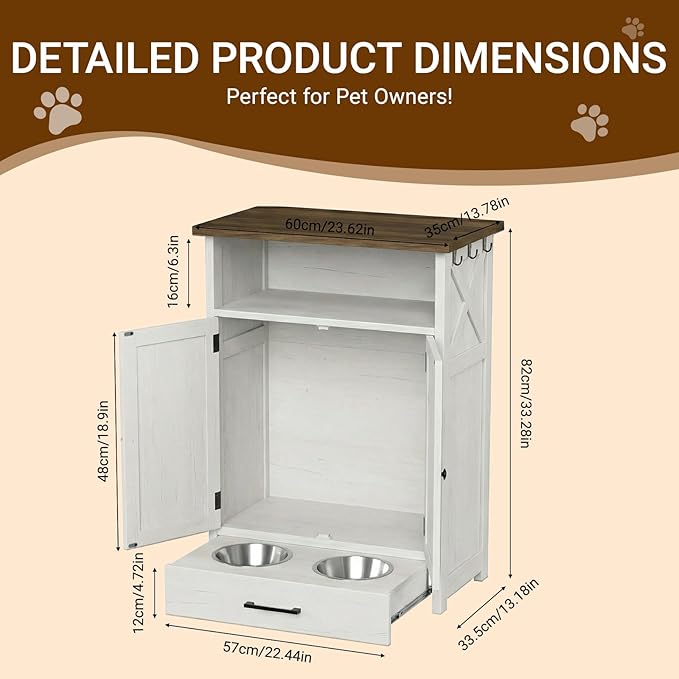 Dog Feeding Station with Storage Cabinet, Raised 2 Elevated Dog Bowls with Hidden Drawer, Pet Feeder Organizer with 3 Side Hooks, Large Capacity Dog Food Storage Cabinet