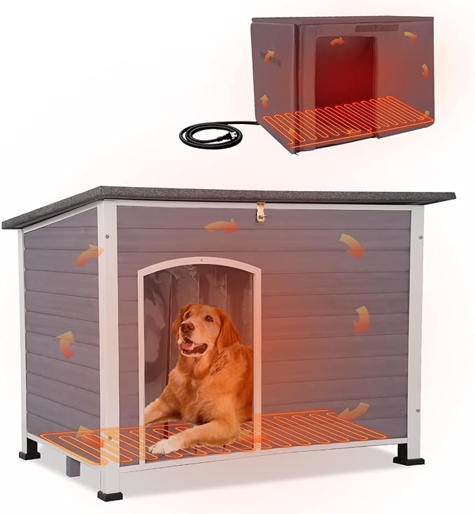 GUTINNEEN Extra Large Heated Dog House Outdoor XL Insulated Dog House Weatherproof Dog Kennel with Safe Heating Pad, Thermal Liner, Chew-Proof Metal Frame for Large Dogs, 43.3" L×29.4" D×33.4" H