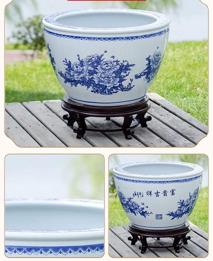 Fish Tabk Chinese Style Blue and White Ceramic Goldfish Bowl Fish Tank Balcony Fish Culture Tank Courtyard Lotus Tank Turtle Tank Aquarium Starter Kits Cool Fish Tank(Color:A,Size:63cm)