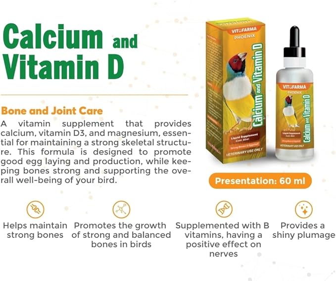 Nutritional Calcium Supplement for Birds + Vitamin D3 - Bird Health Liquid Supplement 60 ml