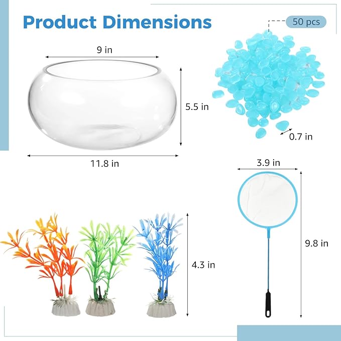 Glass Fish Bowl Set, Round Glass Fish Tank with Luminous Pebbles, Artificial Plants and Net, Small Fish Bowl Vase Aquarium for Home Office Decor (Transparent)