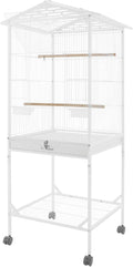 Large Modern Bird Cage 46" for Parrots,Iron Birdcage with Rolling Lockable Wheels & Storage Shelf,Open Top Design & Feeding Doors for Cockatiels Parakeets (White)