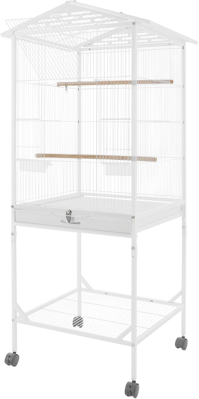 Large Modern Bird Cage 46" for Parrots,Iron Birdcage with Rolling Lockable Wheels & Storage Shelf,Open Top Design & Feeding Doors for Cockatiels Parakeets (White)