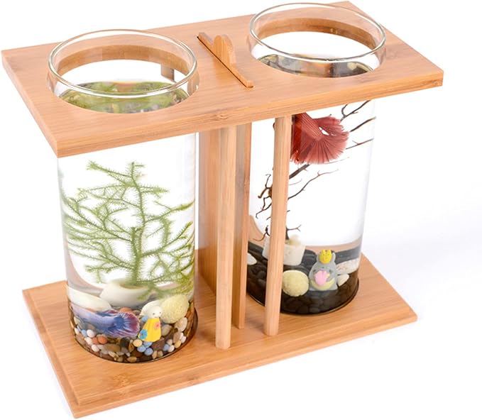 Dual Chamber Bamboo Desktop Aquarium - Mini Betta Fish Tank with LED Light, 360° View Glass Tanks for Goldfish or Small Fish, Home Office Decor