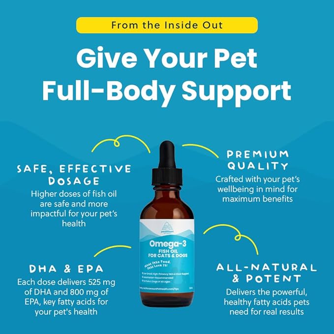 Paramount Pet Health Wild-Caught Omega 3 Fish Oil for Dogs & Cats, Liquid EPA DHA Supplement for Skin, Coat, Joints & Heart, Low-Odor Omega 3 Drops for Small Dog Breeds & Cats with Itchy Skin, 2 oz