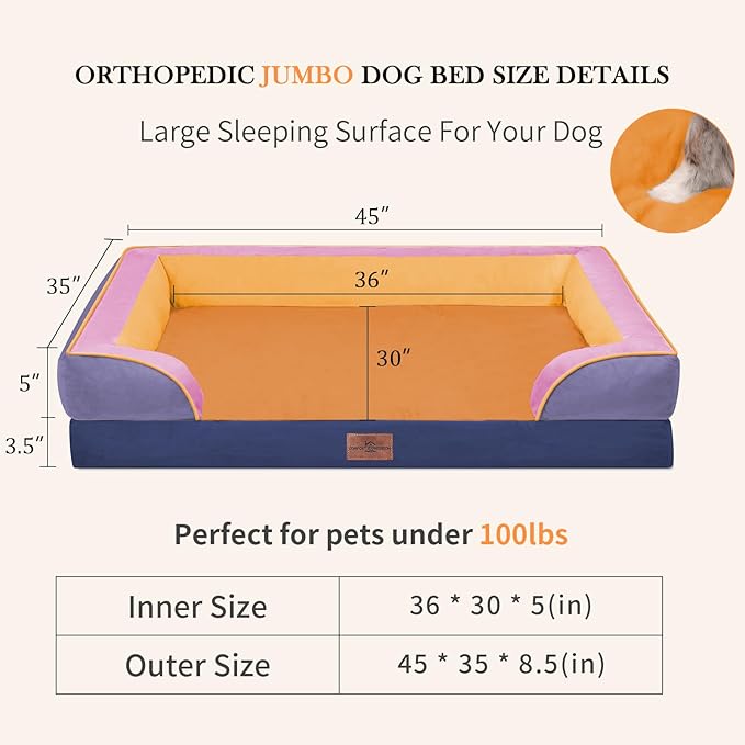 Comfort Expression Orthopedic Dog Bed for Extra Large Dogs 45x35 Inch, Waterproof Egg Crate Foam XL Pet Bed with Removable Bolsters, Dog Couch with Washable Cover & Non-Slip Bottom, Orange Breeze