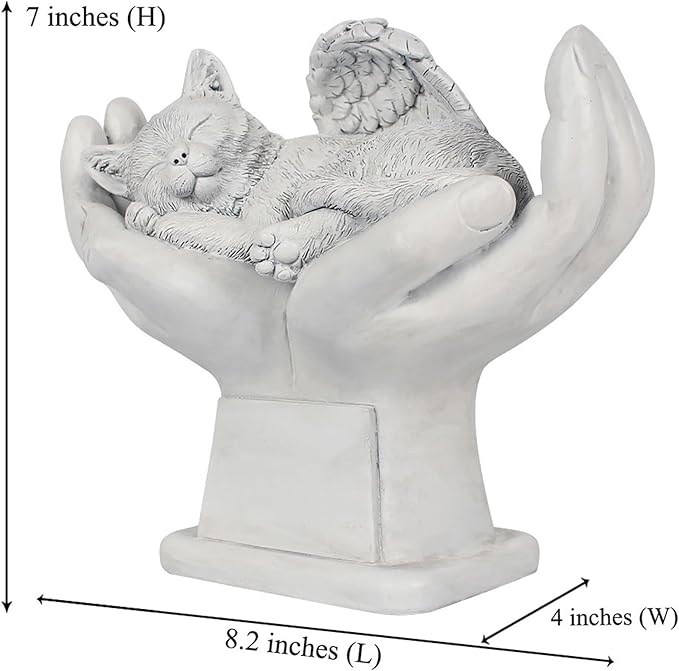 Personalized Memorial Cat Angel Tribute Statue Resting in Peace in God's Hands, Cat Passing Away Gifts, Pet Loss Gift for Cat Grave Marker Stone -Customizable Name and Date
