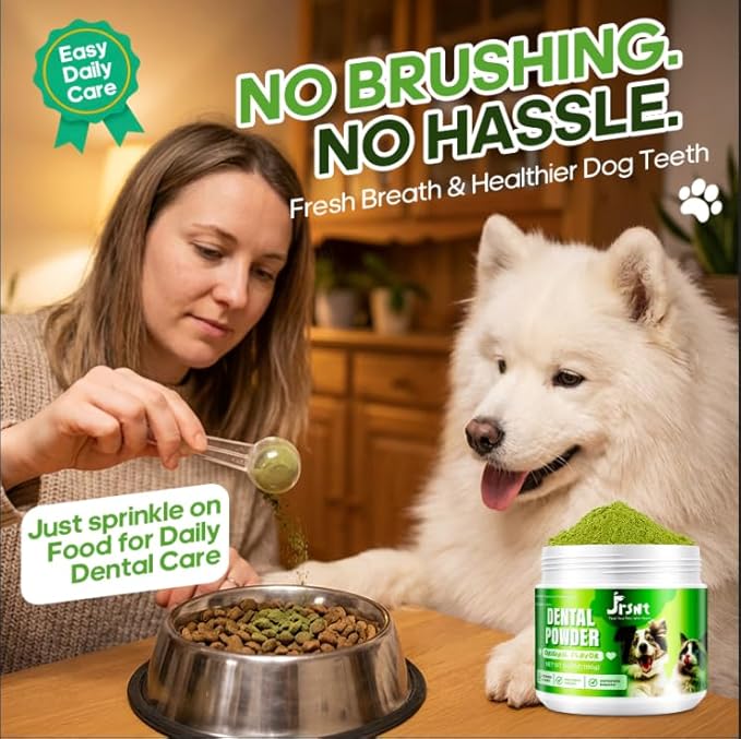 Dog Dental Powder, Dog Teeth Cleaning Powder, Natural Herbal Blend with 5 Probiotics and Lysozyme, Plaque Off Pet Tooth Cleaning, Bad Breath &Tartar Remover for Dogs All Breeds-180g
