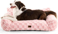 Made4Pets Dog Couch Bed, Soft Faux Fur Checkered Indoor Pet Sofa, Comfortable Fluffy Dog Sofa with Supportive Foam, Removable Washable Cover with Non-Slip Base, Pink, Large