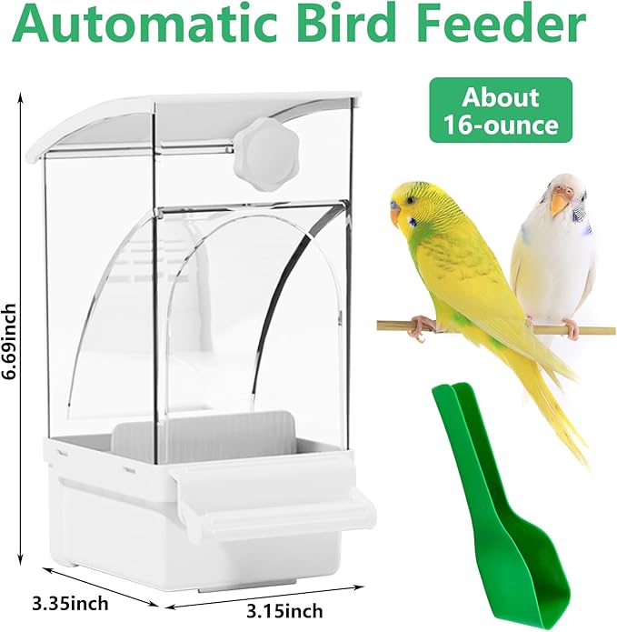 Hamiledyi 2Pcs Automatic Birds Feeder No Mess Bird Cage Feeder Transparent Acrylic Parrot Seed Food Container with Perch Bird Cage Accessories for Parakeet Finch Lovebirds Budgies Canary (White)