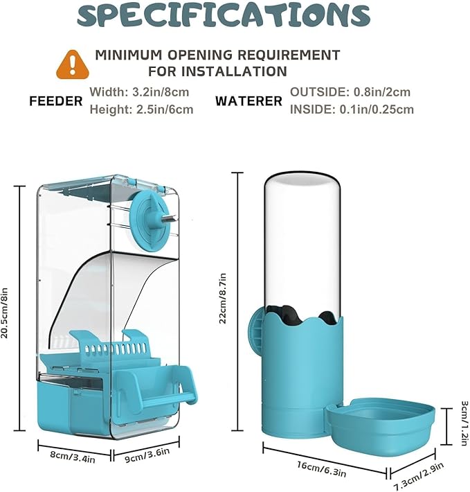 Bird Feeder Water Dispenser Set, Automatic Cage Feeder with Perch for Seed Parakeet Canary Cockatiel Finch Budgies Cage Accessories (Blue)