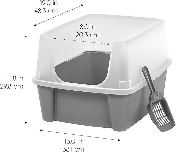 IRIS USA Large Cat Litter Box with Scatter Shield and Scoop, Open Top High Sided Cat Litter Pan, Gray