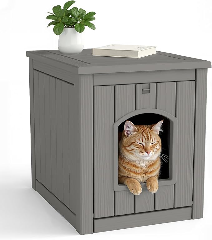 Cat Litter Box Enclosure, Waterproof Resin Hidden Litter Box Furniture Side Table with Openable Front Door for Small Pets, Indoor & Outdoor Use (Grey)