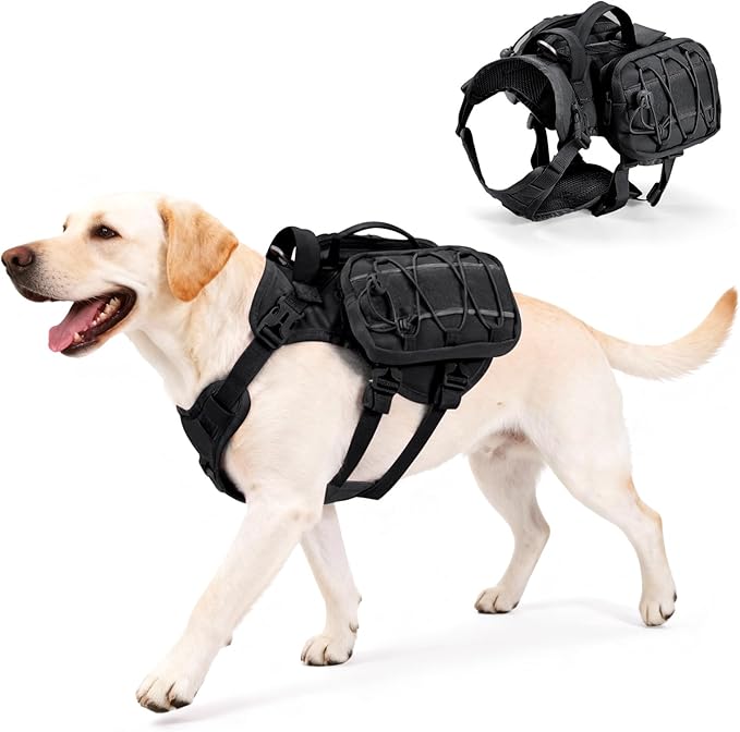 Large Dog Harness Backpack, No Pull Adjustable Dog Vest with Handle & Leash Ring, Lightweight Dog Backpack with Side Pockets for Walking, Training & Day Hikes, Black, L