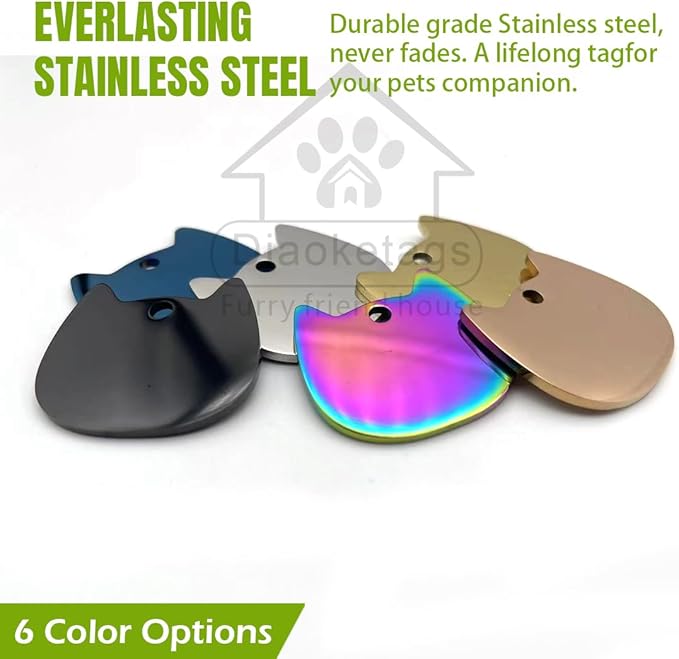 Stainless Steel Cat ID Tag Personalized Pet Tags with up to 4 Lines of Custom Text, Small Pet Mini Dog Cat Tag Lightweight, Engraved on Both Sides, Multiple Patterns Colors Size Options (cat)
