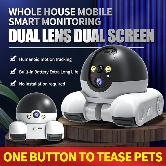 Diyeeni Mini 1080P Camera Robot, Movable Pet Cameras Indoor with Dual Lens, WiFi Home Security Camera, 2-Way Audio, Motion Detection, Phone App Control, Battery Powered
