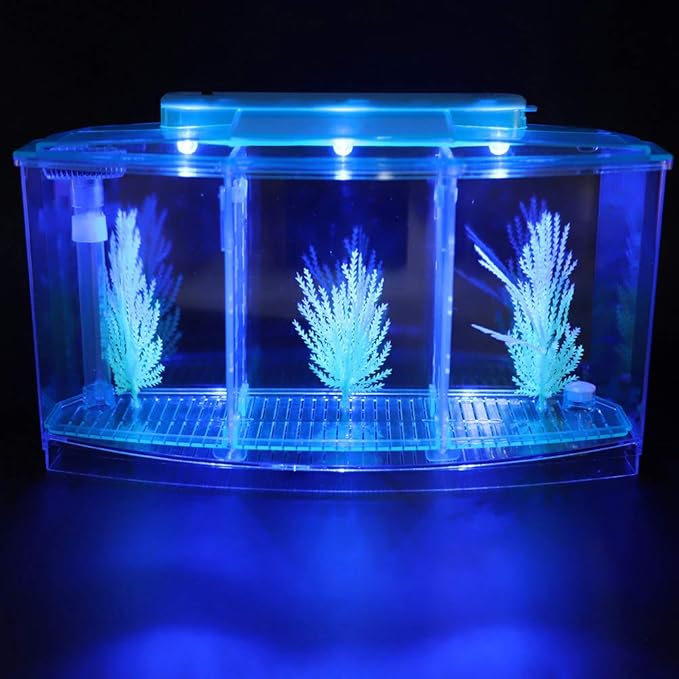 Aquarium Isolation Box Acrylic Breeding Hatchery Small Fishes Incubator Mini Fish Tank LED Acrylic Three Divisions Breeding Isolation Box for Small Fishes(Blue)