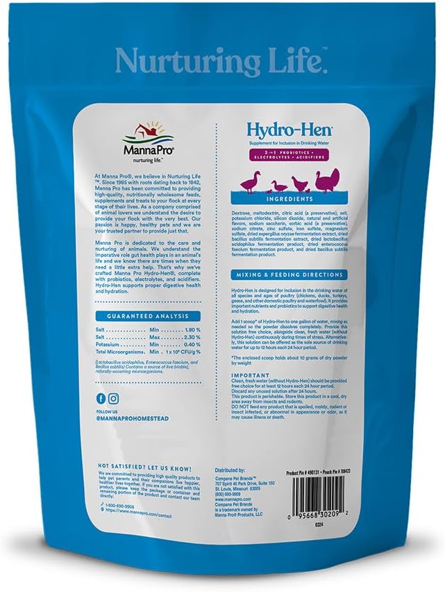 Manna Pro Hydro-Hen Poultry Electrolyte & Probiotic Supplement, Hydration Support for Chickens, Ducks, Turkeys & Waterfowl, 8 oz