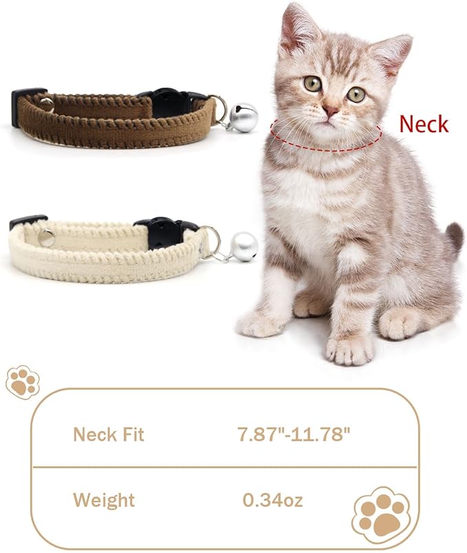 Furry Breakaway Cat Collar with Bell, Adjustable 7.87"-11.78" Kitten Collar, Suitable for All Types of Cats and Small Dogs (M, Brown)