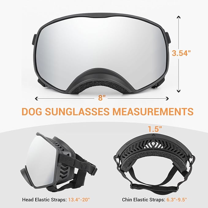 Dog Sunglasses UV Protection Silver Dog Goggles Windproof Glasses with Elastic Straps for Medium-Large Breed, Black Frame + Silver Lens