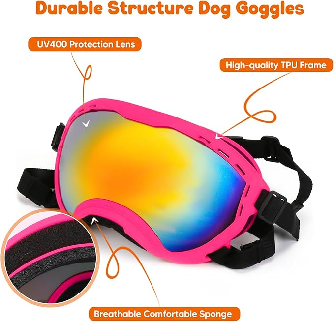 Dog Goggles,UV Protection Dog Sunglasses for Medium-Large Breed,Dogs Eye Protection with Adjustable Strap (Pink)
