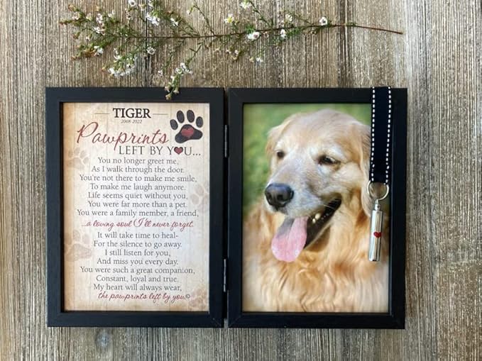 Pawprints Pet Memorial Frame with Pawprints Left by You Poem - Touching Dog Sympathy Gift for Pet Loss Remembrance (Personalized Poem Art with Ash Vial)