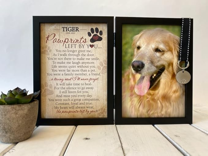 Pawprints Pet Memorial Frame with Pawprints Left by You Poem - Touching Dog Sympathy Gift for Pet Loss Remembrance (Personalized Poem Art with Tag)