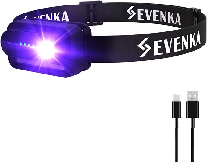 SEVENKA 2in1 UV Headlamp Flashlight Black Light & White Light, Rechargeable LED Hands Free Blacklight 395nm, Mini Ultraviolet Head Lamp, Pet Urine Detector for Dog/Cat Urine Stains, Bed Bug, Scorpion