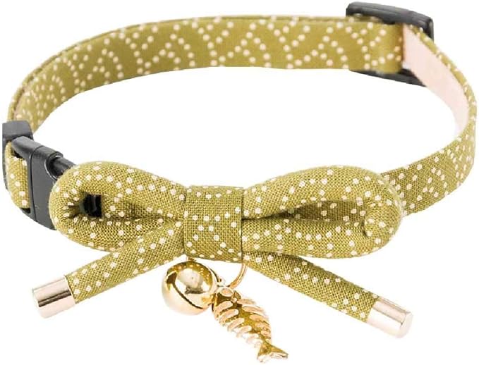 Necoichi Zen Fish Charm Cat Collar (Green) with Bell Safety Breakaway Soft Lightweight for Cats Kitty Kitten Japanese Stylish Pattern, No.1 Seller in Japan