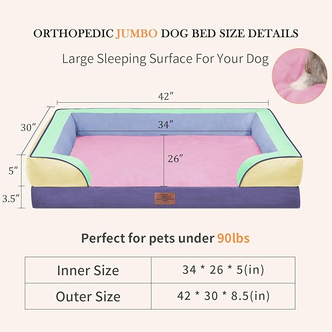 Comfort Expression Orthopedic Dog Bed for Extra Large Dogs 42x30 Inch, Waterproof Egg Crate Foam XL Pet Bed with Removable Bolsters, Dog Couch with Washable Cover & Non-Slip Bottom, Frosted Grape