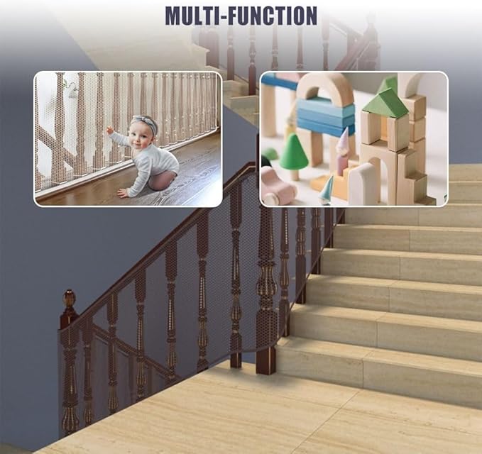Banister Guard 10 ft L x 2.6 ft H Balcony Netting for Pets Stairs Railing Nylon Net Stairway Balcony Mesh Netting Banister Stair Net Balcony Safety Net Stair Guard for Indoor & Outdoor(Brown)