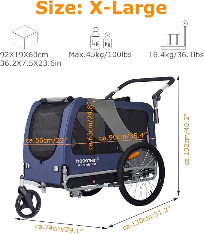 DOGGYHUT® Premium Large/XL Pet Bike Trailer & Stroller for Large Sized Dog or Multiple Small Dogs,Low Center of Gravity,Parking Brakes,Easy Folding Frame,Bicycle Carrier