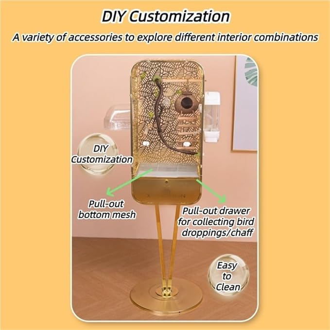 50.4in Large Bird Cage with Stand, Metal Parrot Cage with Transparent Door, Elegant Birdcage for Lovebirds, Cockatiels, Grey Parrots