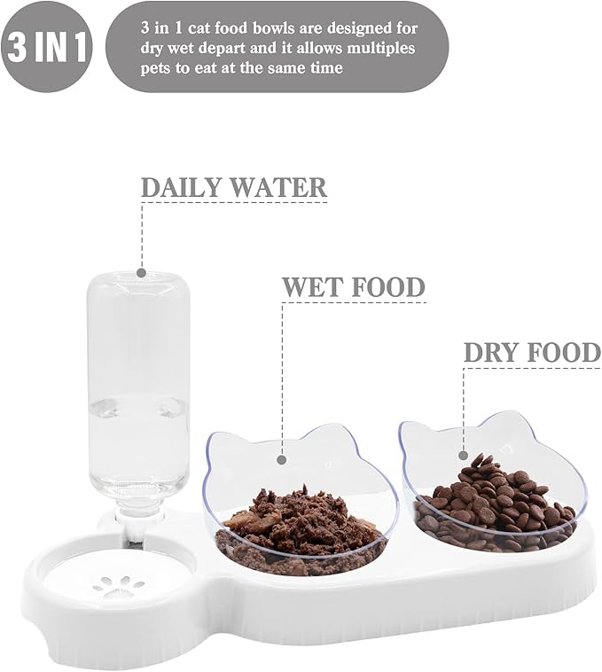 Triple Dog 3-in-1 Tilt Cat Bowls - Double Food Bowls with Automatic Water Bottle, Removable Wet & Dry Food Bowl Set for Small Cats & Puppies (White)