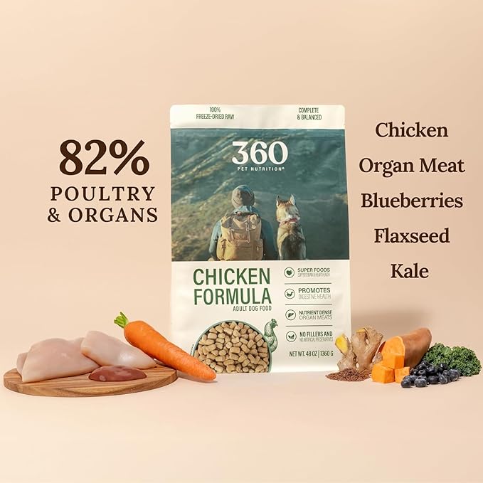 360 Pet Nutrition Freeze-Dried Raw Dog Food – Chicken Recipe with Liver & Organs, High Protein, Omega-3s, Fruits, Veggies & Superfoods, Grain-Free, No Filler 2 x 48 oz Made in USA