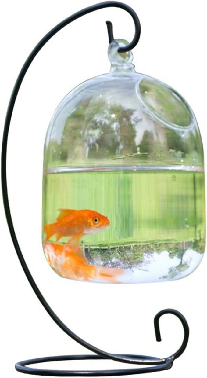 Desk Hanging Fish Tank Bowl with Stand,Hanging Fish Bowl with Stand, Transparent Mini Fish Tank Bowl, Space-Saving Impermeable Construction Glass Vase Aquarium for Home, Office Accessory