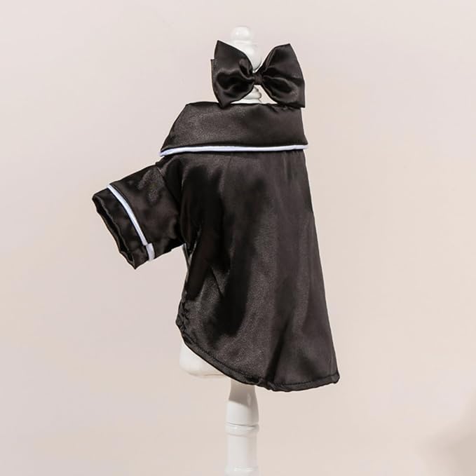 Cat Puppy Costume Elegant Satin Pajamas with Bow Headband 2PCs Set Pet Sleepwear Cute Pet Outfit Cosplay Partywear Photoshoots (Black Set,Large)