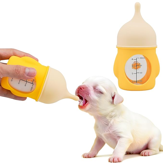 Puppy Nursing Bottle Medium/Large 80ml, Silicone Nipple Feeding Bottle for Newborn Puppies (2–6 Weeks), Yellow