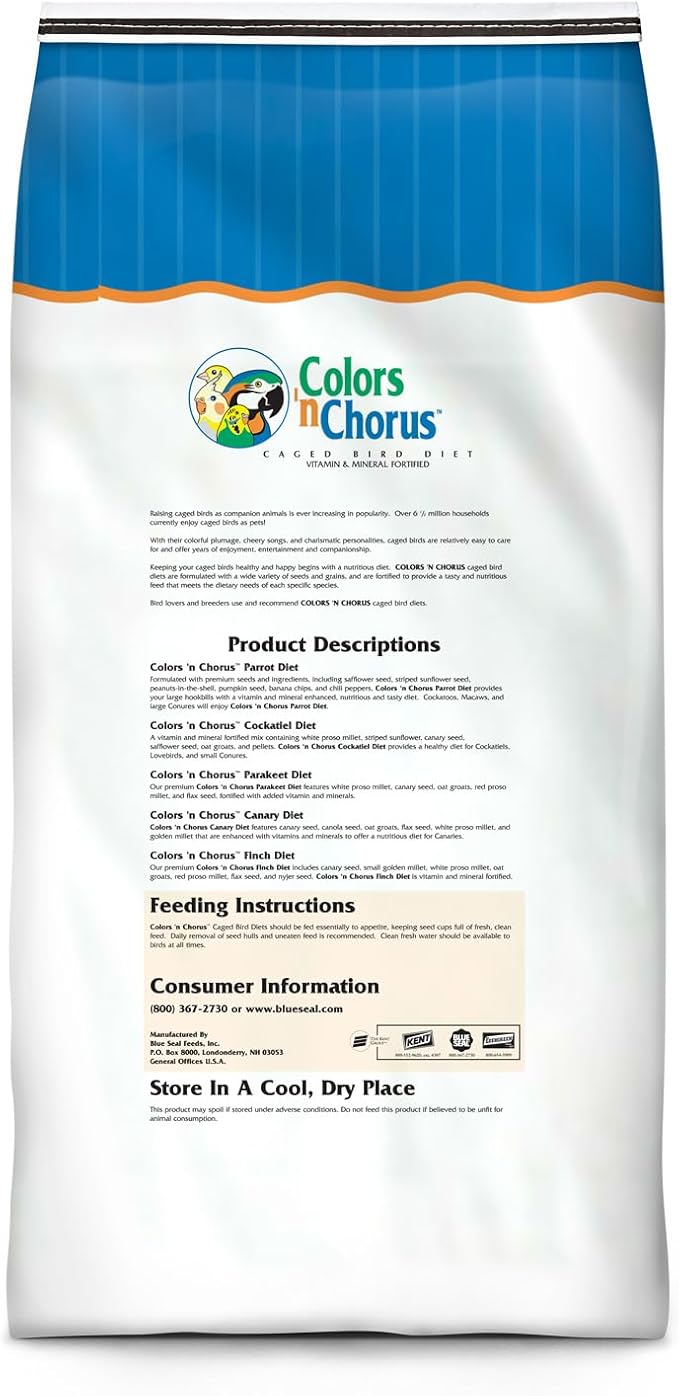 Blue Seal Colors ‘N Chorus Parrot Bird Feed | Premium Seeds and Ingredients for a Nutritious and Tasty Diet | 40 Pound Bag