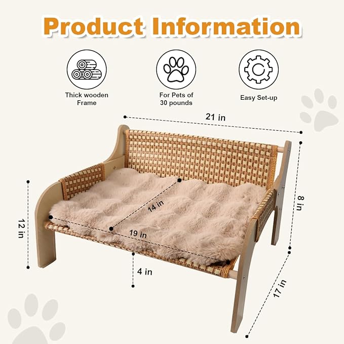 2 in 1 Large Woven Rattan Cat Couch Bed with 19x 14'' Removable Plush Pad Mat, Pet Sofa for Indoor Elevated Cat Beds Suitable for Kitty, Puppy or Small Animal (Supports 33 lbs)