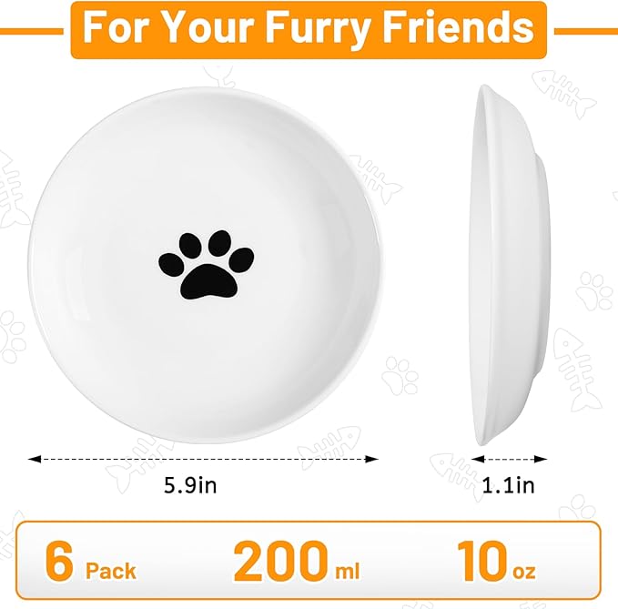 Ceramic Cat Bowls – Whisker Friendly, Anti-Vomiting Food Plates for Indoor Cats, Safe & Hygienic Cat Dishes, Stylish Ceramic Cat Food Bowls Set(6 Pack)