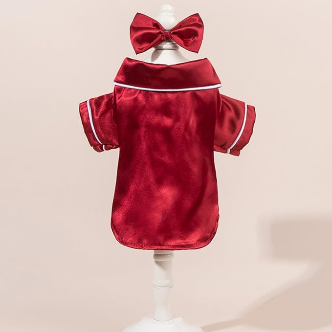 Cat Puppy Costume Elegant Satin Pajamas with Bow Headband 2PCs Set Pet Sleepwear Cute Pet Outfit Cosplay Partywear Photoshoots (red Set,Large)