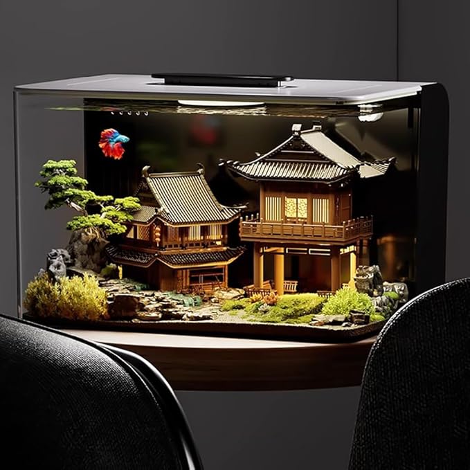 Office Acrylic Desktop Aquarium Kits, HD Plexiglass Betta Fish Tank, Hidden Filtering Area, 3 Gallon Small Fish Tank with LED Light, USB Power Supply, Modern 11L Acrylic Aquarium Starter,Kit