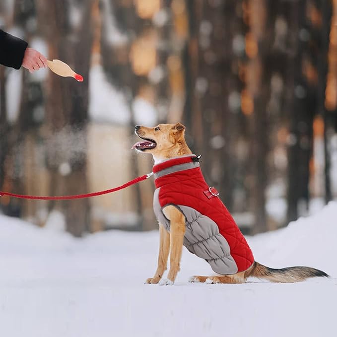 Lelepet Dog Coat Warm Dog Winter Coat Waterproof Dogs Jacket with Harness Built in Reflective Pet Fleece Vest Zip-Up Cold Weather Coats for Large Dogs Turtleneck & Windproof Coats Boston Terrier Red L