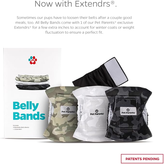 Pet Parents® Washable Belly Bands for Male Dogs (3pack) + Extendrs® of Durable Dog Diapers Male, Premium Male Dog Diapers & Dog Wraps (Small, Camo)