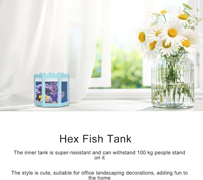 Small Betta Fish Tank, Hex Shape Portable Mini Aquarium Tank, Fish Tank Starter Kits Fish Bowl Aquarium Starter Kits for Turtle Reptile Shrimp Moss Crab Insects Habitat as Decoration(Blue)
