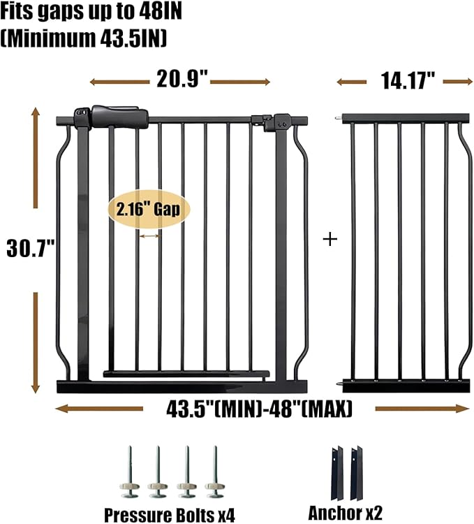 Baby Gates Extra Wide 43.5-48 Inch Wide Large Baby Gate for Stairs Tension Pet Dog Gates Indoor for Doorways No Drilling Pressure Mounted Pet Gates for Kids
