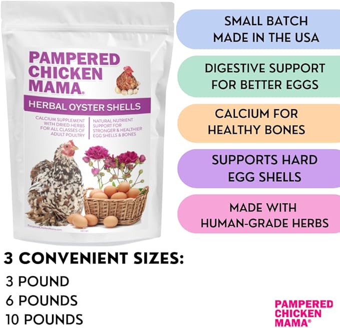 Pampered Chicken Mama Herbal Oyster Shells High Calcium Supplement for Pet Chickens, Ducks, and Other Poultry, Crushed Oyster Shells for Chickens with Herbs (6 POUNDS)