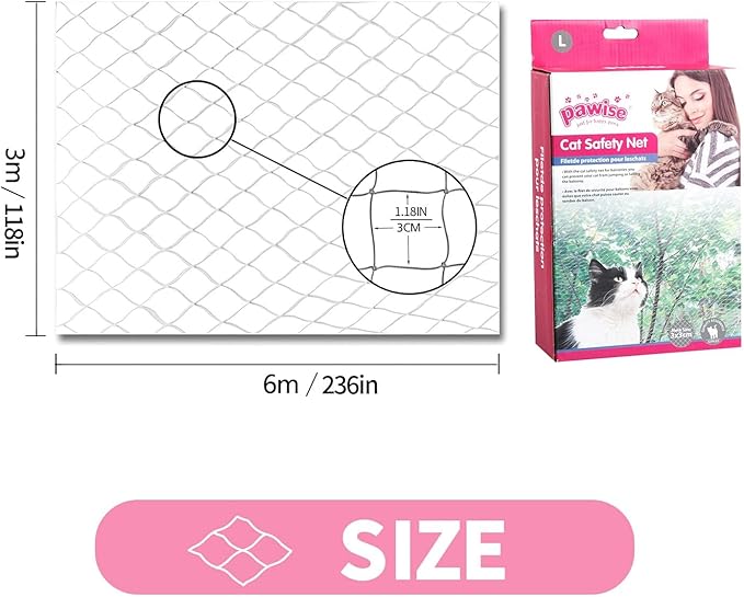 PAWISE Cat Safety Net for Balcony, Window & Stairs, 20x10 Ft Transparent Pet Anti-Fall Netting, Outdoor Indoor Cat Fence Net, Protective Cat Mesh Barrier for Dogs & Cats